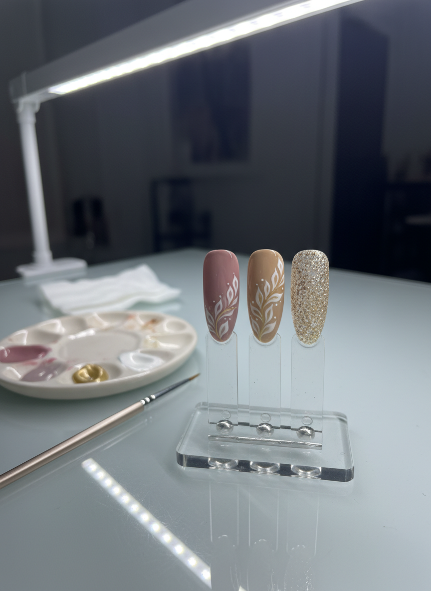 A close-up photographic view of a glass-topped manicure station featuring an in-progress custom nail art design on a display tip holder. Several tips are already painted in a cohesive palette of dusty rose, warm taupe, and champagne glitter, with fine hand-painted leaf motifs connecting across the set. Nearby lie a palette with mixed gel colors, a precision liner brush, and a lint-free wipe, all softly out of focus. Cool, balanced LED lighting from above provides even illumination, allowing every brushstroke and shimmer particle to be seen without glare. Captured at table height with a shallow depth of field, the scene feels focused and studious, highlighting the meticulous, artistic process behind high-end nail craftsmanship.