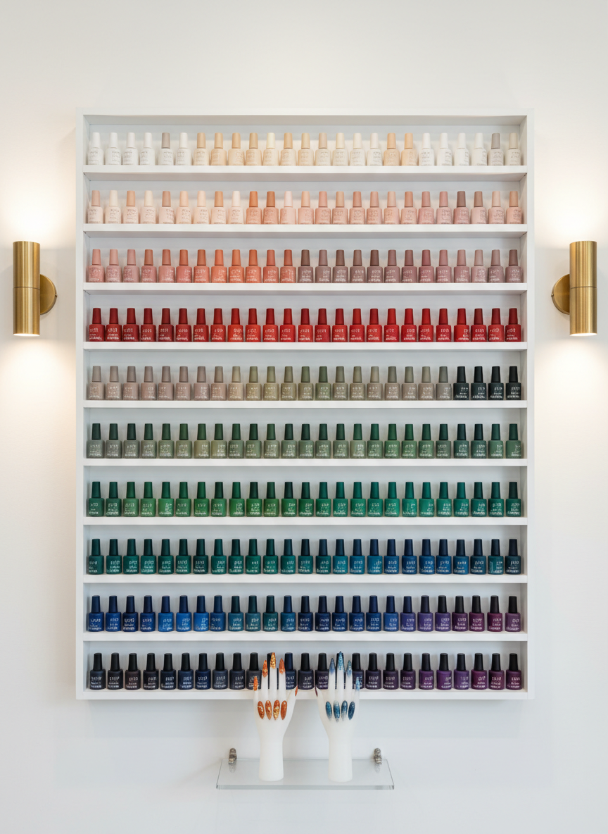 An atmospheric, photographic shot of a minimalist wall-mounted nail color display in a boutique studio, filled with rows of carefully arranged gel polish bottles in a gradient from soft neutrals to deep jewel tones. Below, a small glass shelf holds two silicone display hands showcasing seasonal themed nail sets: one with warm terracotta tones and delicate gold leaf, the other with cool smoky blues and subtle glitter ombré. Warm, diffused wall sconces cast a gentle glow, creating soft reflections on the bottles and adding depth to the scene. Captured straight-on with sharp focus throughout, the mood is curated and upscale, presenting the breadth of creative options offered by a skilled Valdese, NC nail technician.