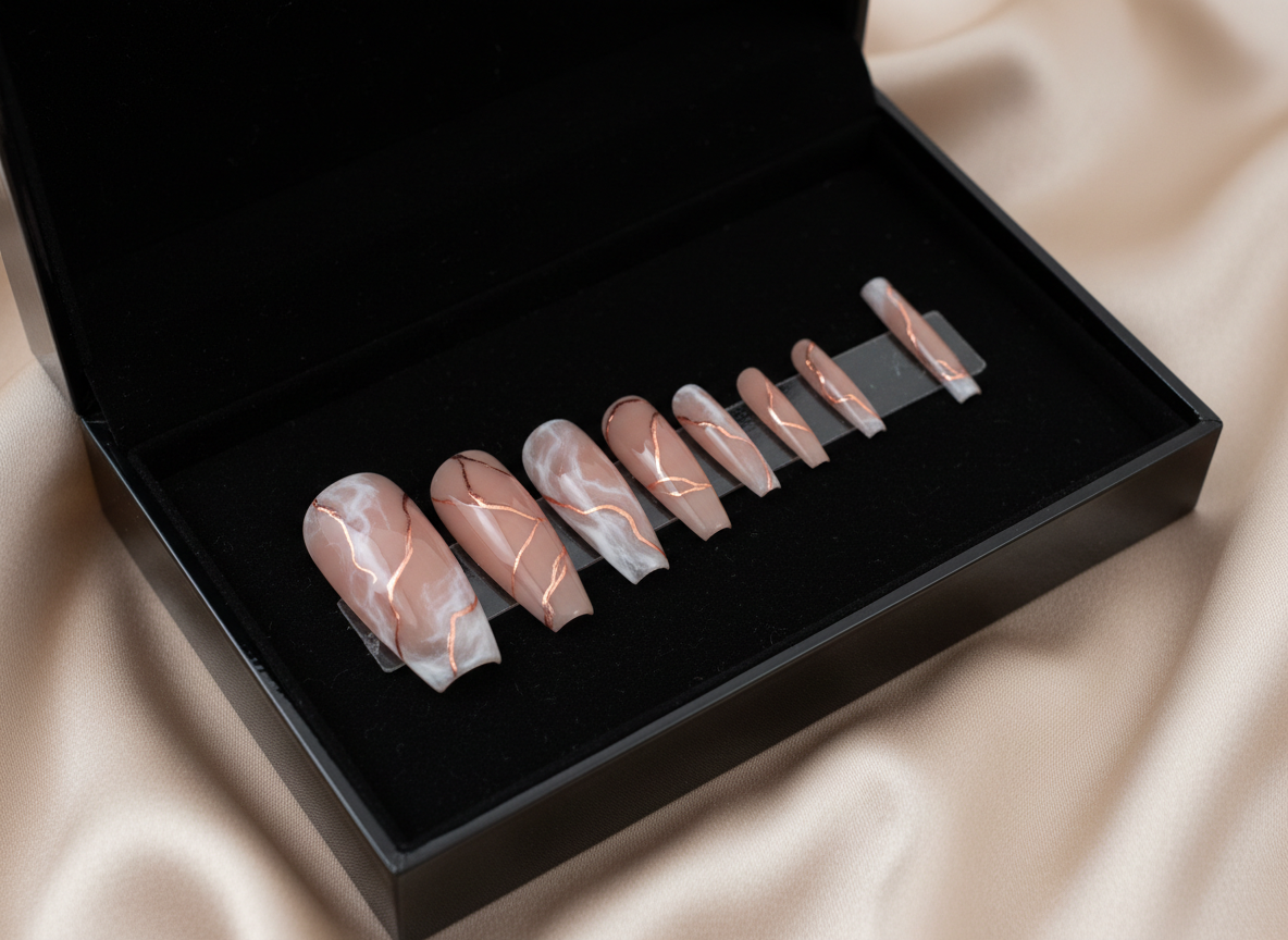 A photorealistic image of a high-gloss black presentation box slightly opened to reveal a custom set of press-on nails arranged on a velvet insert. The nails are long ballerina shape with a chic nude base, white marble accents, and thin metallic rose-gold veins that catch the light. The box rests on a satin fabric backdrop in soft champagne tones, gently rippled to create movement. Subtle side lighting casts smooth gradients across the satin and makes the nail designs stand out with crisp clarity. Shot from a three-quarter overhead angle with a shallow depth of field, the mood is luxurious and gift-like, perfect for showcasing premium custom nail sets from a sophisticated local artist.