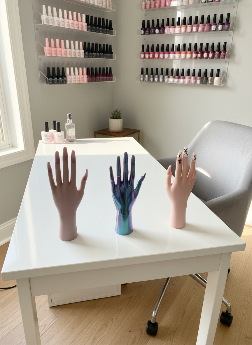 A serene nail studio corner in Valdese, NC, captured photographically, featuring a minimalist white manicure table with a neatly arranged collection of gel polishes displayed on clear acrylic shelves. In the foreground, a set of practice hands present finished custom sets: soft mauve coffin nails with matte finish, iridescent chrome oval nails, and a delicate negative-space nude design with crisp geometric lines. Natural afternoon light filters in from an unseen window, washing the scene in a gentle glow and creating faint reflections on the tabletop. Shot from a wide, slightly elevated perspective with balanced composition, the mood is calm, refined, and high-end, conveying a sophisticated custom nail artistry workspace ready for clients.