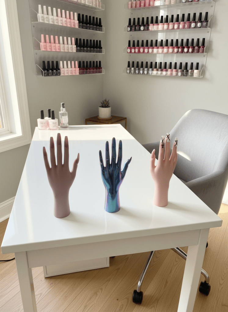 A serene nail studio corner in Valdese, NC, captured photographically, featuring a minimalist white manicure table with a neatly arranged collection of gel polishes displayed on clear acrylic shelves. In the foreground, a set of practice hands present finished custom sets: soft mauve coffin nails with matte finish, iridescent chrome oval nails, and a delicate negative-space nude design with crisp geometric lines. Natural afternoon light filters in from an unseen window, washing the scene in a gentle glow and creating faint reflections on the tabletop. Shot from a wide, slightly elevated perspective with balanced composition, the mood is calm, refined, and high-end, conveying a sophisticated custom nail artistry workspace ready for clients.