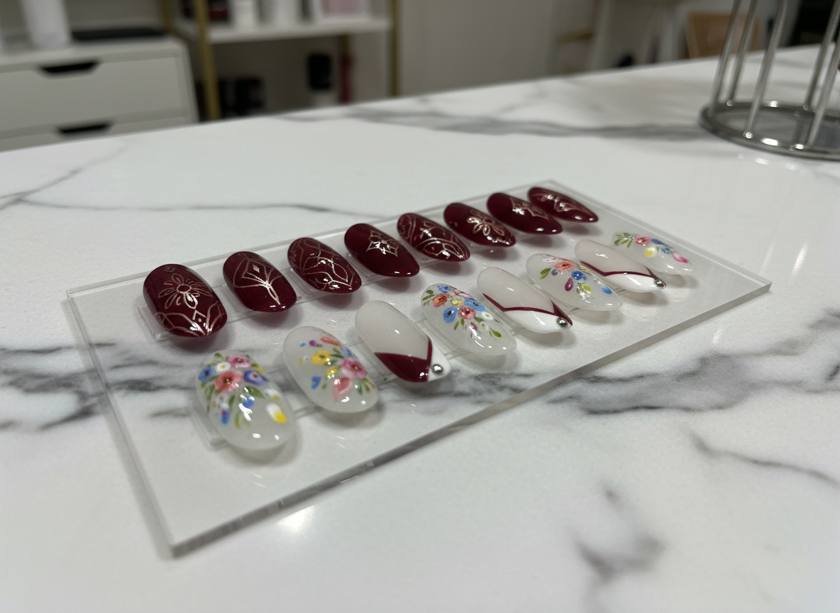 A pristine nail art display board lying flat on a marble countertop, showcasing two neat rows of removable press-on tips painted with intricate custom designs. There are rich burgundy nails with fine rose-gold line work, sheer milky bases with hand-painted florals, and glossy french tips with a modern, angular twist. Soft overhead studio lighting gently illuminates the smooth marble and makes the top coat gleam, while the background fades into a subtle bokeh of neutral salon decor. Shot from a slightly elevated angle with crisp focus on the designs, the image feels like a curated professional portfolio, refined and sophisticated, emphasizing precision and artistic skill for a boutique nail technician.