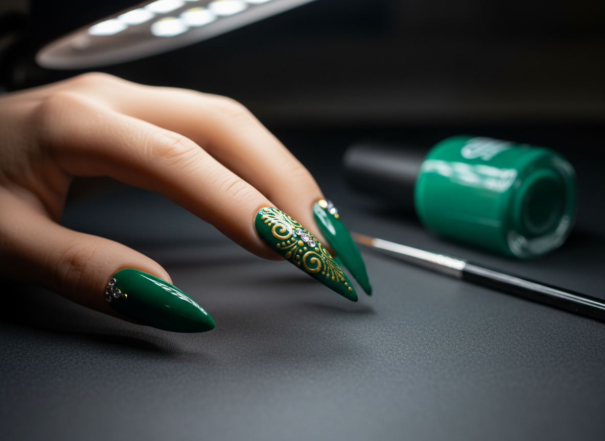 A photorealistic macro shot of a single elongated stiletto nail on a lifelike silicone practice hand, painted in a luxurious deep emerald green with a glass-like shine. The center features a delicate, hand-painted gold filigree pattern and tiny crystal accents near the cuticle. The hand rests beside an open gel polish bottle and a fine detailing brush on a clean, matte black work mat. Focused LED desk lighting from above creates bright reflections along the curve of the nail and subtle shadows underneath, highlighting shape and structure. Captured from a dramatic side angle with extremely shallow depth of field, the atmosphere is artistic and editorial, showcasing technical mastery and meticulous craftsmanship.