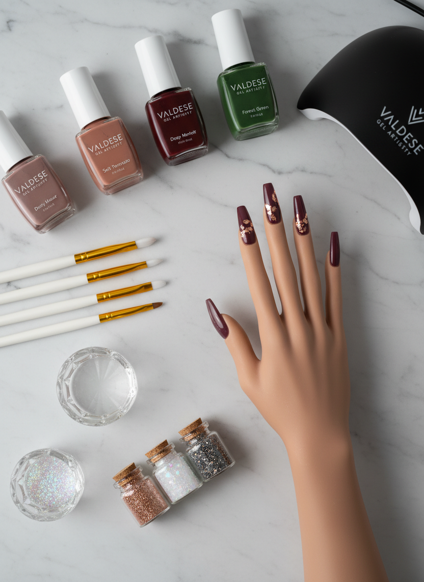 A sleek, photographic flat lay of a nail technician’s curated toolkit arranged with intentional precision on a pale stone surface. In the center, a silicone practice hand displays a cohesive set of glossy, deep plum coffin nails with subtle rose-gold foil near the tips. Surrounding it are neatly aligned gold-handled brushes, a glass dappen dish, tiny jars of fine glitter, and gel polish bottles labeled with muted, elegant colors. Soft diffused studio lighting minimizes harsh shadows, creating a calm, high-end feel. The composition follows the rule of thirds with clear negative space, evoking organization, professionalism, and artistic focus, representing the refined aesthetic of a custom nail artistry studio in Valdese, NC.
