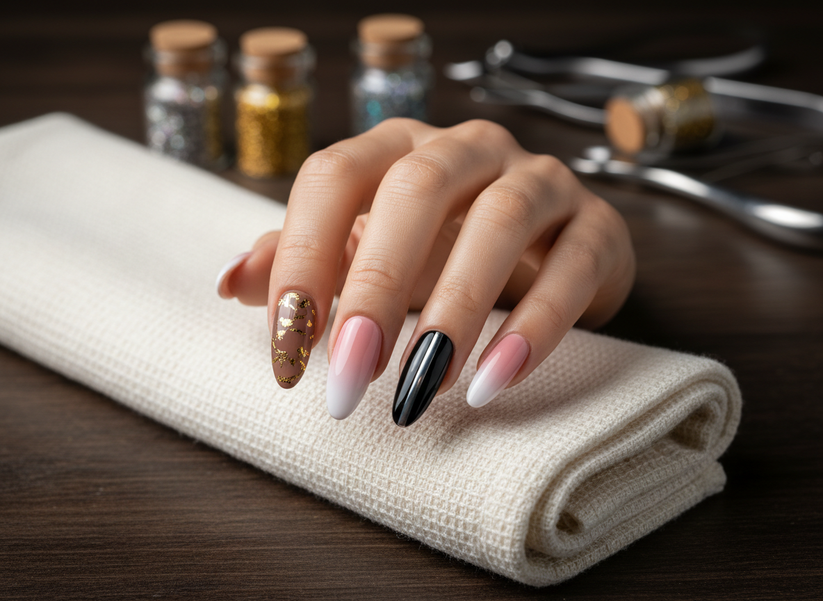 An elegant photographic close-up of a meticulously manicured hand-shaped display model featuring custom almond-shaped acrylic nails. Each nail showcases a different sophisticated design: deep nude base with thin gold foil accents, soft blush ombré, and a glossy black nail with a single minimalist chrome stripe. The model rests on a smooth, ivory salon towel atop a dark wooden table, with scattered manicure tools and tiny jars of glitter softly blurred in the background. Gentle studio lighting from the side creates refined highlights on the high-gloss finish, emphasizing detail and craftsmanship. Captured at eye level with a shallow depth of field, the mood is luxurious, professional, and polished, like a high-end portfolio image for a Valdese, NC nail artistry studio.